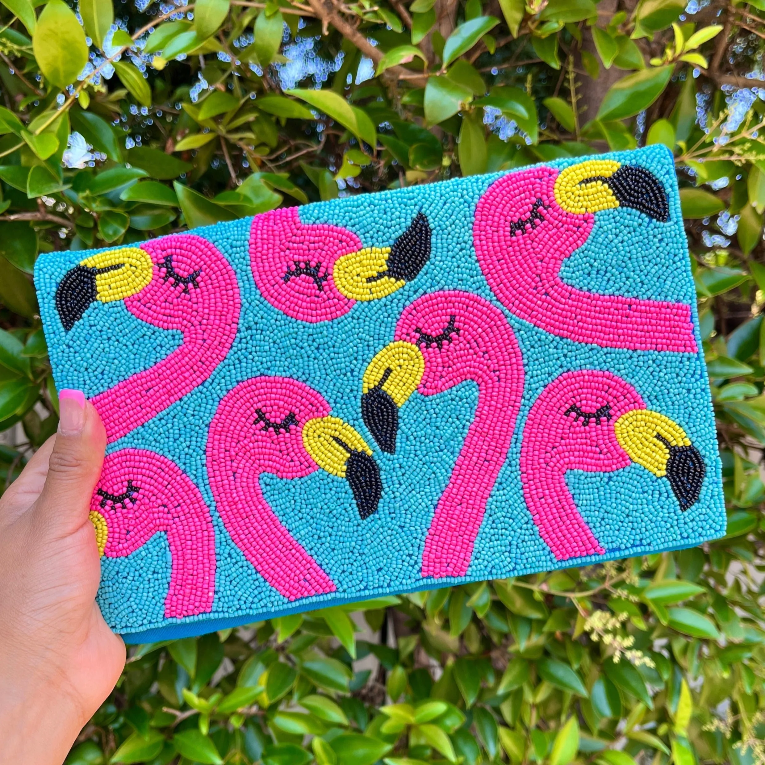 Pink Flamingo Beaded Clutch Purse