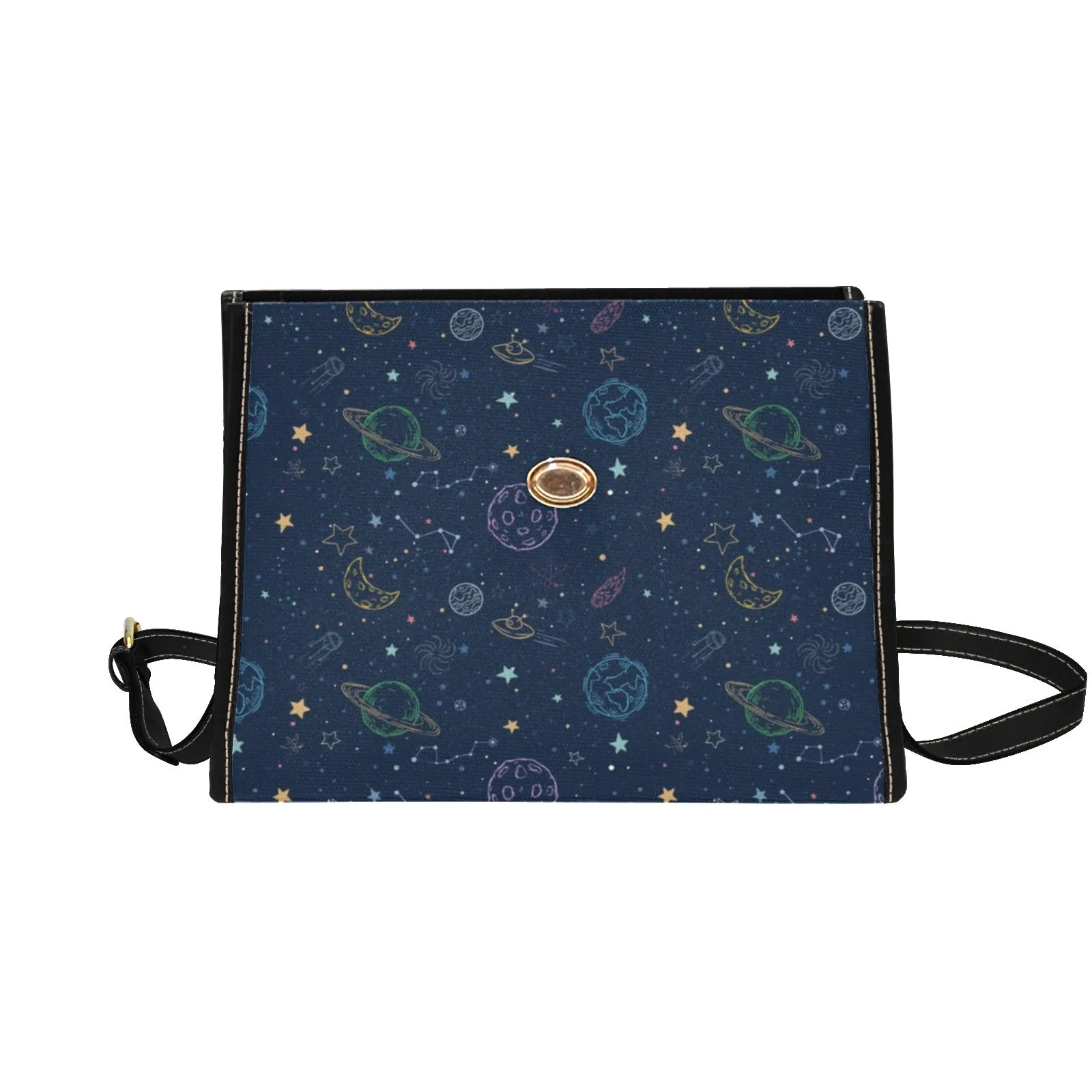 Planets Canvas Satchel Purse bag, Galaxy Constellation Space Stars Small Waterproof Cute Women Crossed Body Vegan Leather Strap Handbag