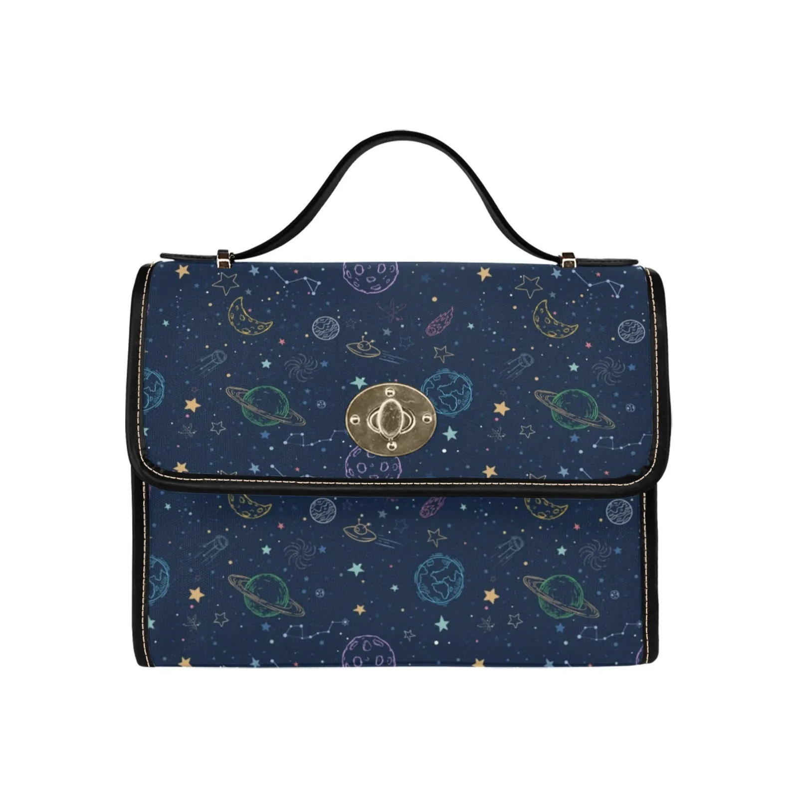 Planets Canvas Satchel Purse bag, Galaxy Constellation Space Stars Small Waterproof Cute Women Crossed Body Vegan Leather Strap Handbag