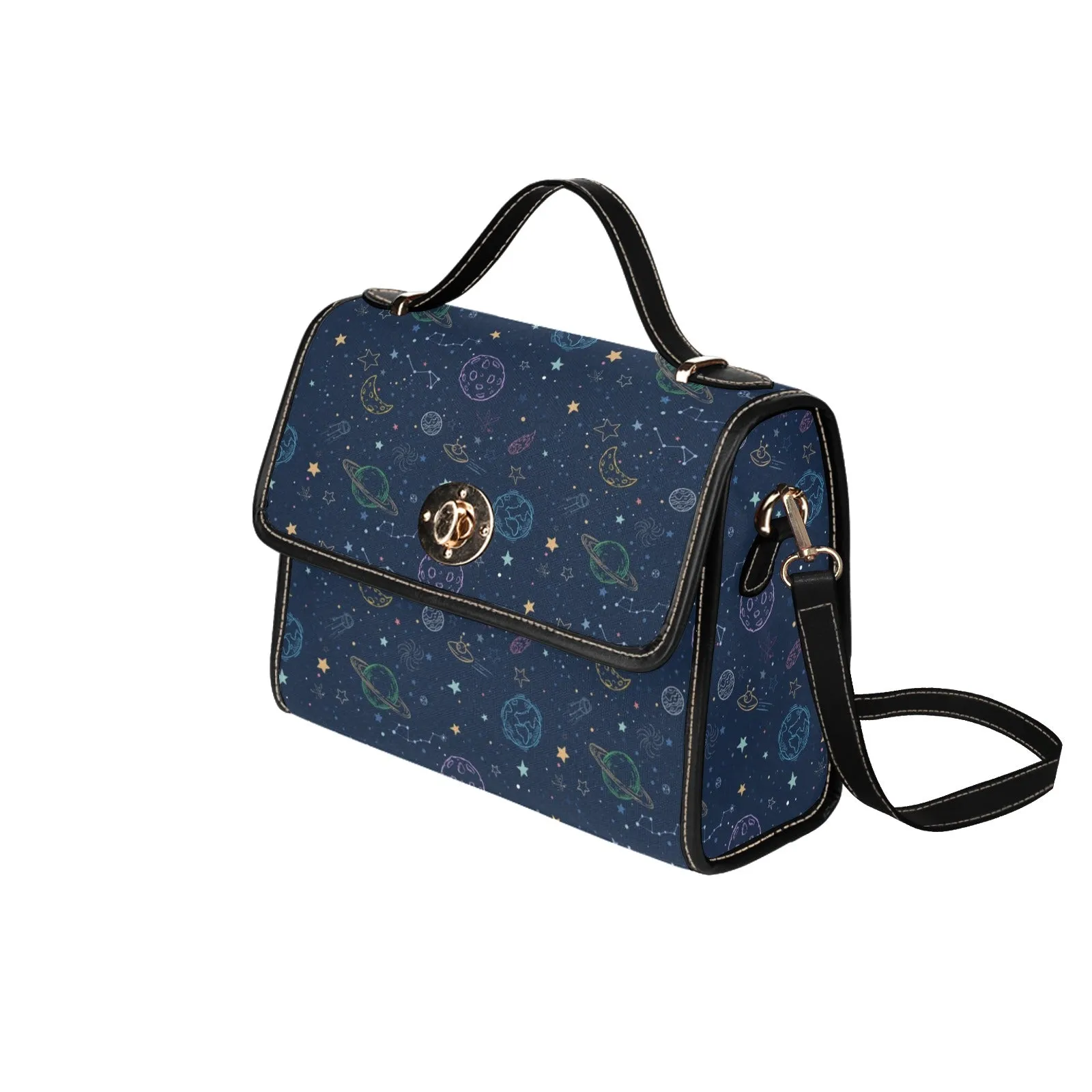 Planets Canvas Satchel Purse bag, Galaxy Constellation Space Stars Small Waterproof Cute Women Crossed Body Vegan Leather Strap Handbag