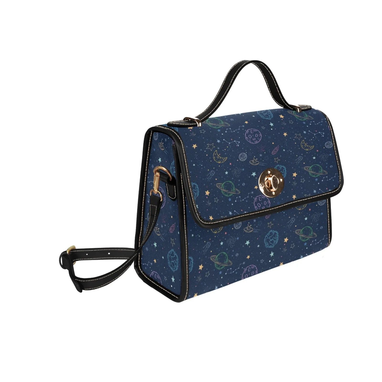 Planets Canvas Satchel Purse bag, Galaxy Constellation Space Stars Small Waterproof Cute Women Crossed Body Vegan Leather Strap Handbag