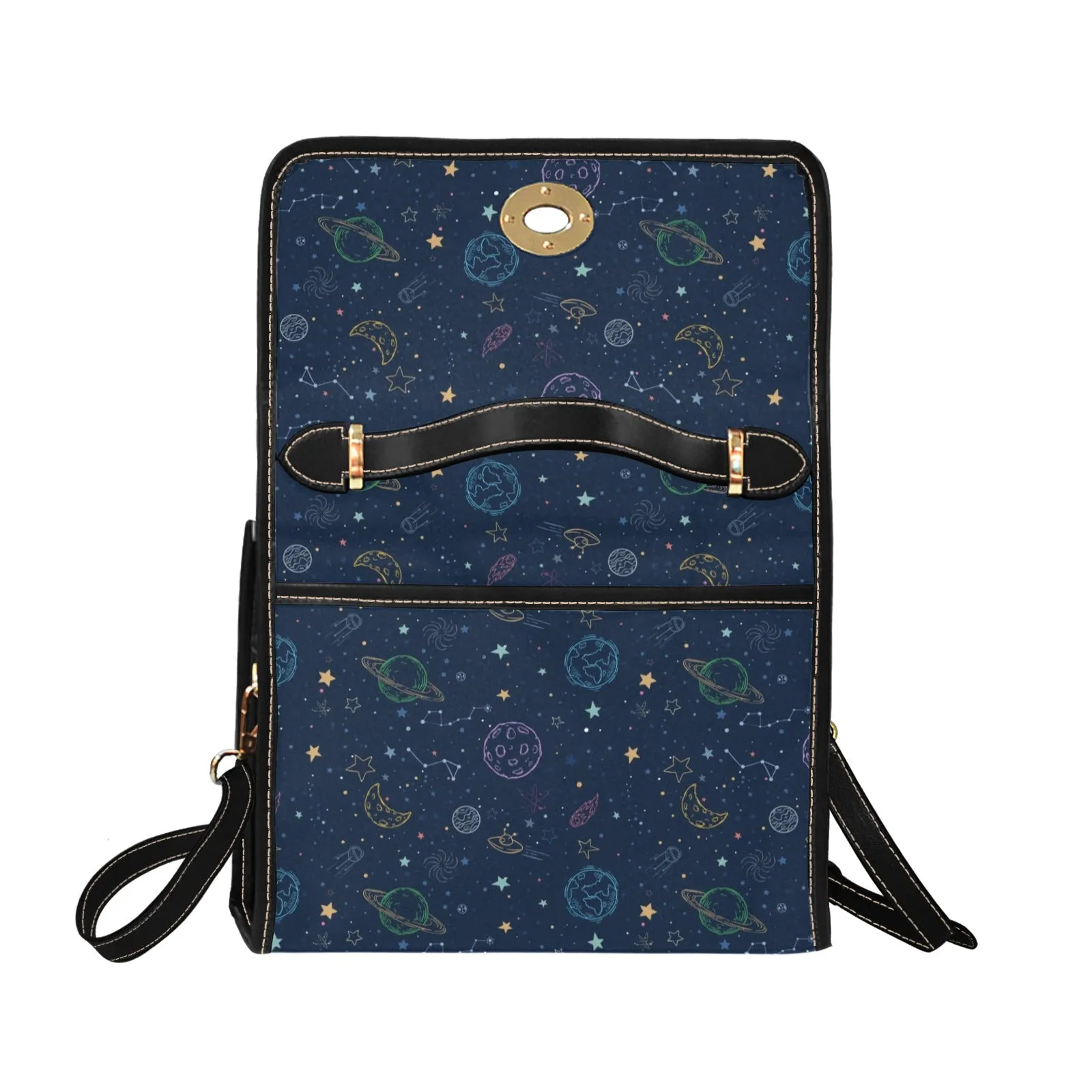 Planets Canvas Satchel Purse bag, Galaxy Constellation Space Stars Small Waterproof Cute Women Crossed Body Vegan Leather Strap Handbag