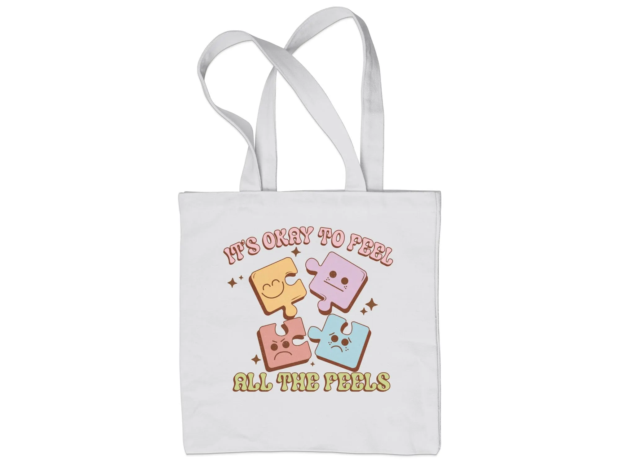 Puzzle Pieces Emotion Tote Bag, It's Okay to Feel All The Feels,Vintage Look,Eco-friendly Reusable Bag,Emotional Wellness, Large Canvas Tote