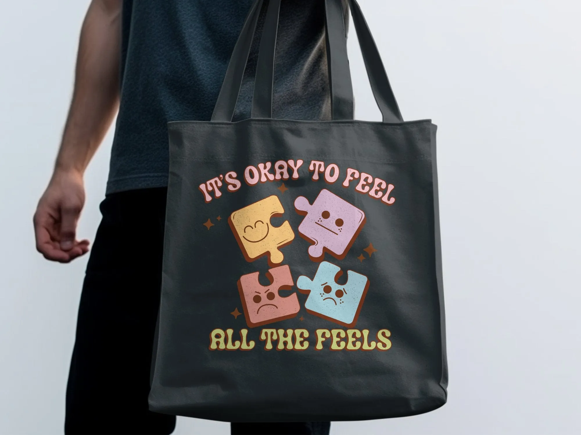 Puzzle Pieces Emotion Tote Bag, It's Okay to Feel All The Feels,Vintage Look,Eco-friendly Reusable Bag,Emotional Wellness, Large Canvas Tote