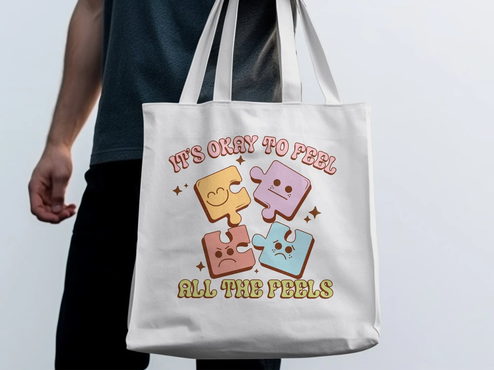 Puzzle Pieces Emotion Tote Bag, It's Okay to Feel All The Feels,Vintage Look,Eco-friendly Reusable Bag,Emotional Wellness, Large Canvas Tote