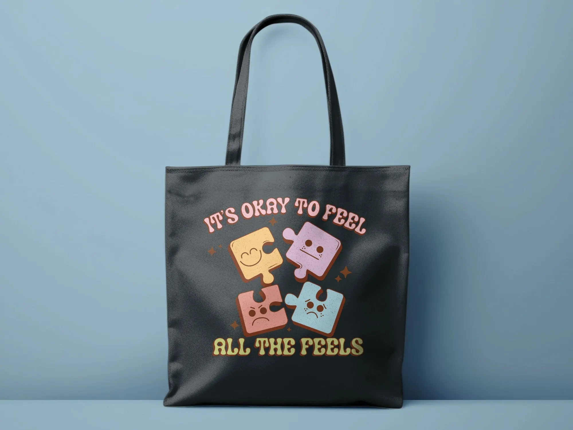 Puzzle Pieces Emotion Tote Bag, It's Okay to Feel All The Feels,Vintage Look,Eco-friendly Reusable Bag,Emotional Wellness, Large Canvas Tote