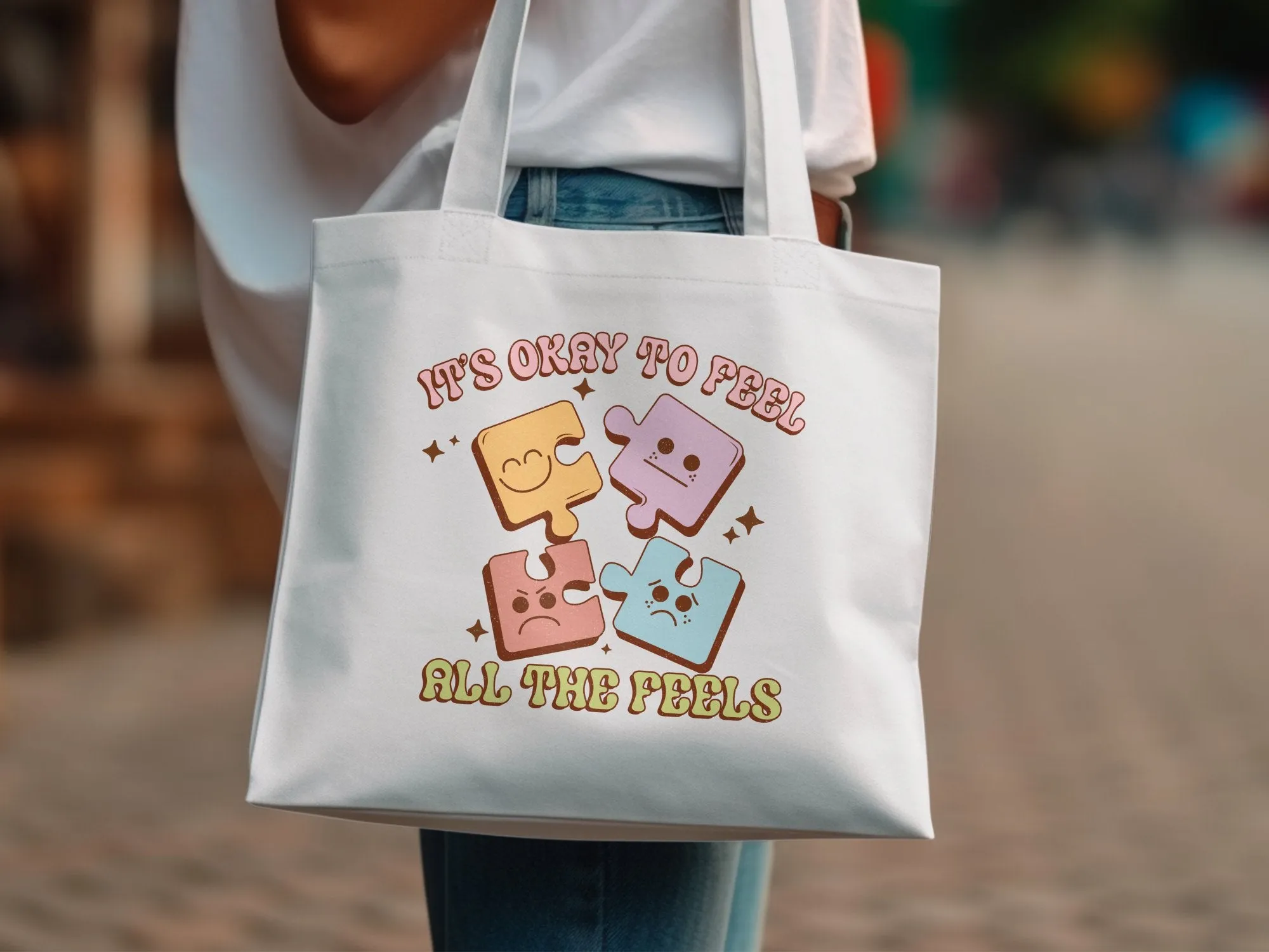 Puzzle Pieces Emotion Tote Bag, It's Okay to Feel All The Feels,Vintage Look,Eco-friendly Reusable Bag,Emotional Wellness, Large Canvas Tote