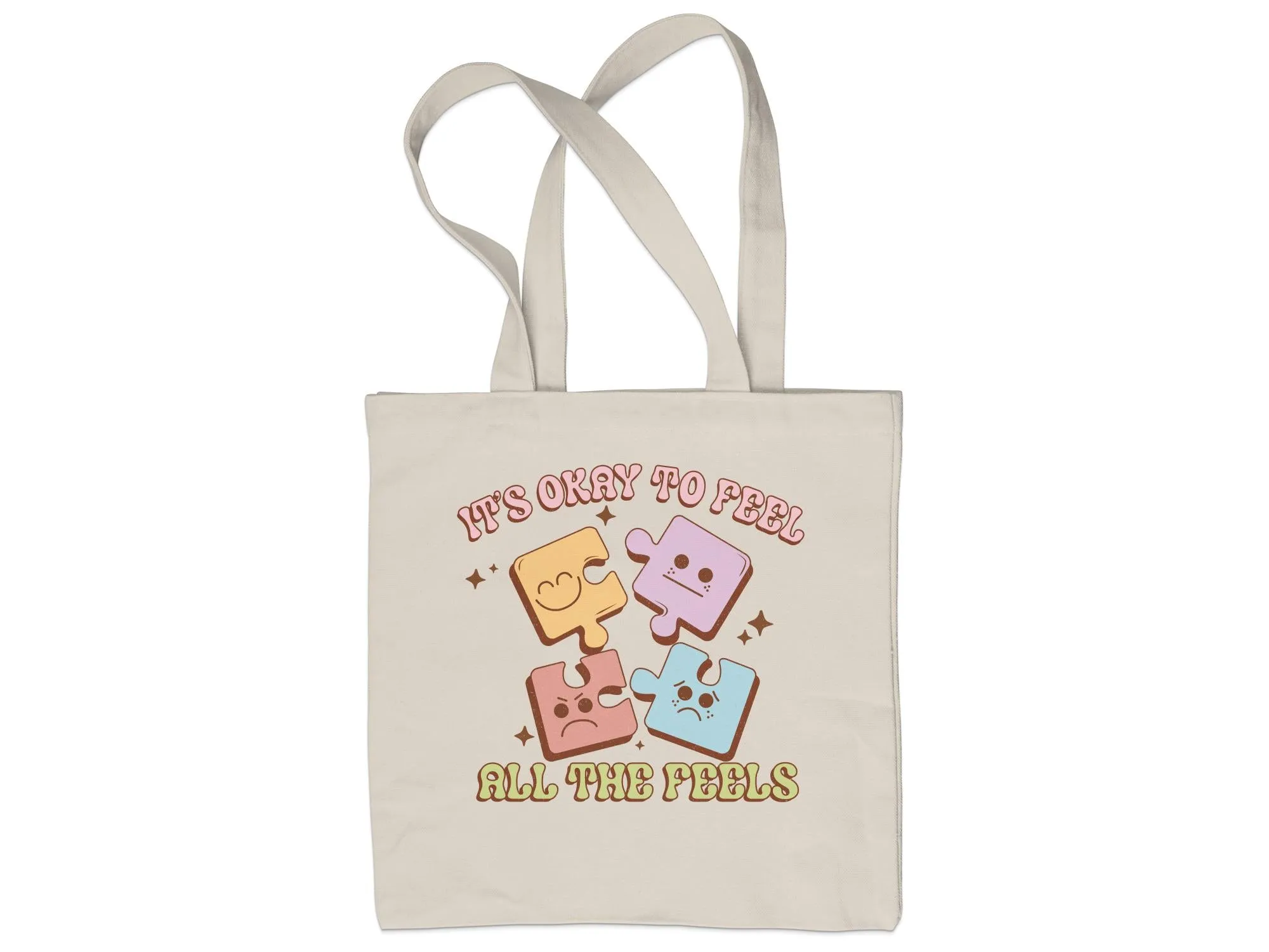 Puzzle Pieces Emotion Tote Bag, It's Okay to Feel All The Feels,Vintage Look,Eco-friendly Reusable Bag,Emotional Wellness, Large Canvas Tote