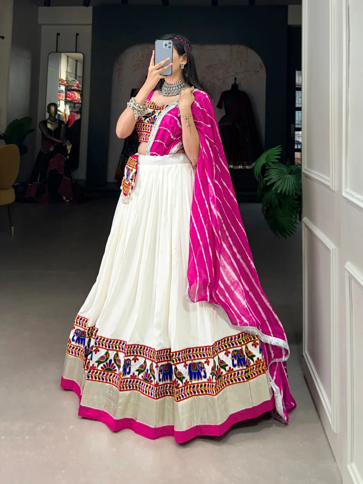 Radiant White Gamthi Work Lehenga Choli Set with Leheriya Dupatta