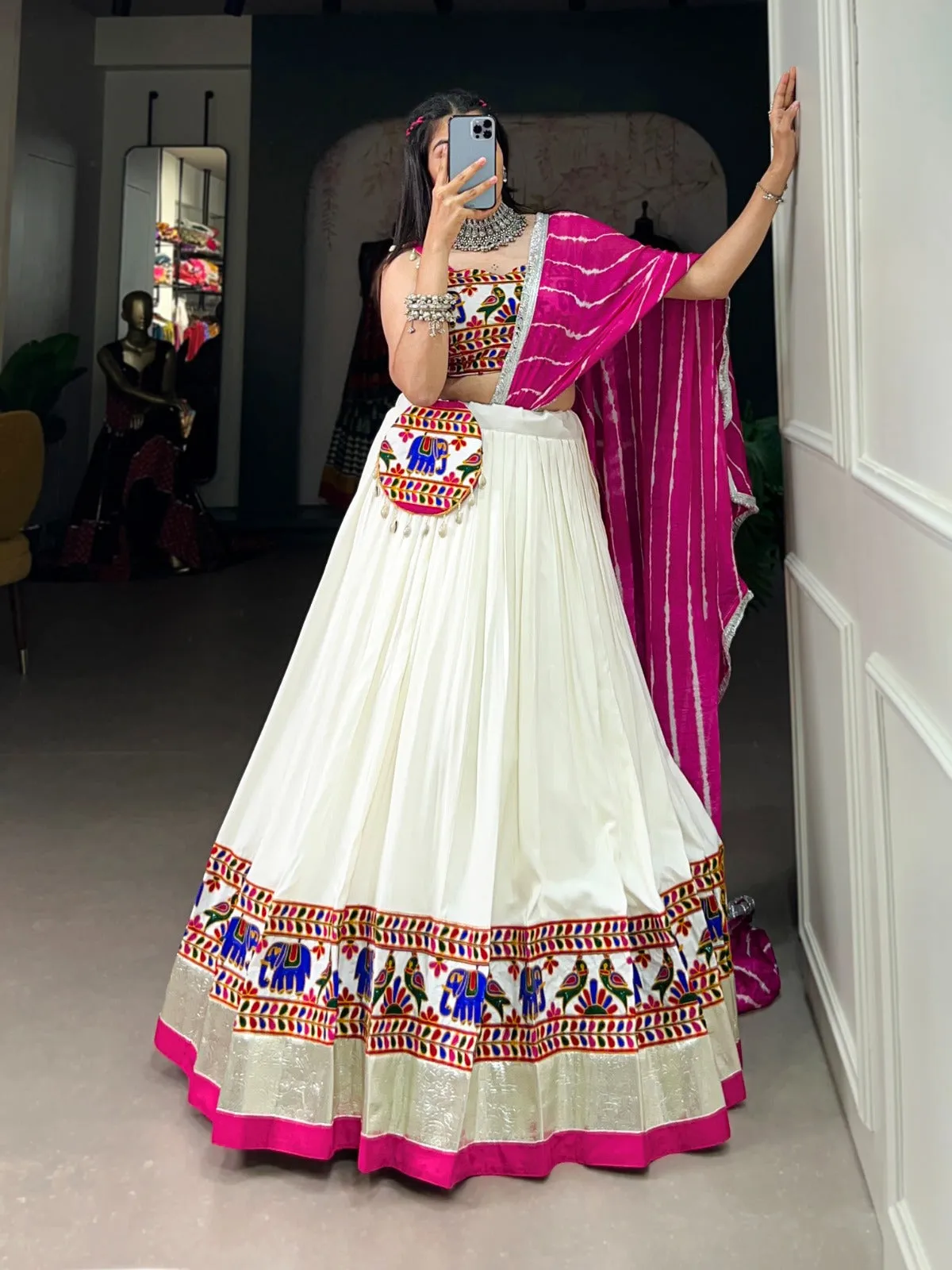 Radiant White Gamthi Work Lehenga Choli Set with Leheriya Dupatta