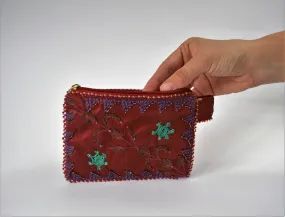 Red hand embroidered purse, Beaded Boho wallet