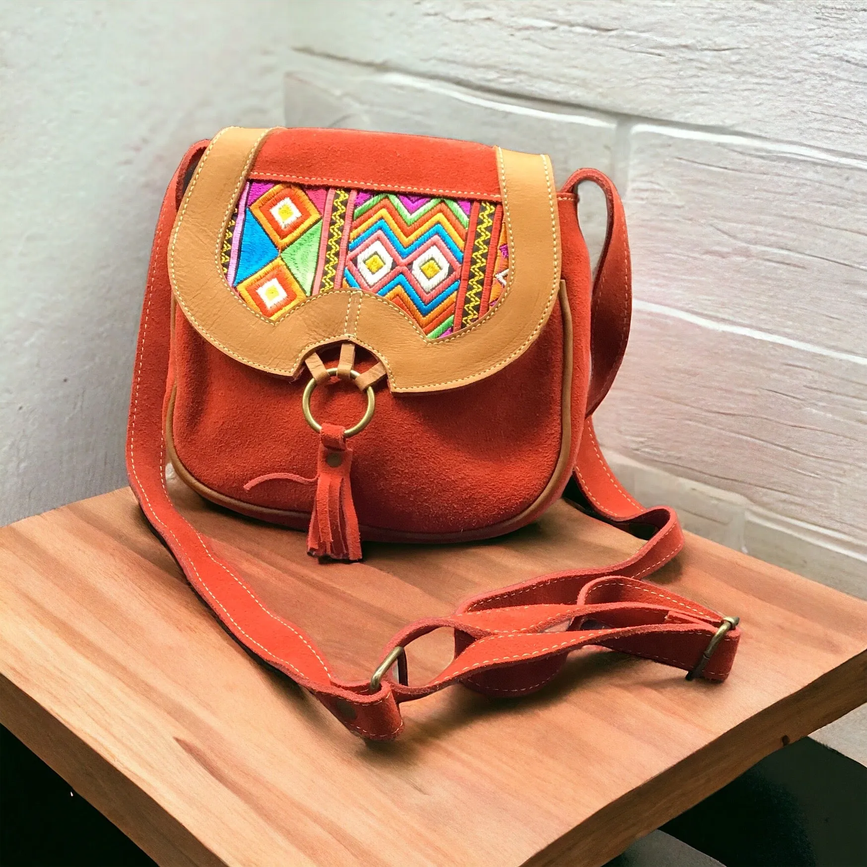 Red Leather Embroidery Crossbody Purse