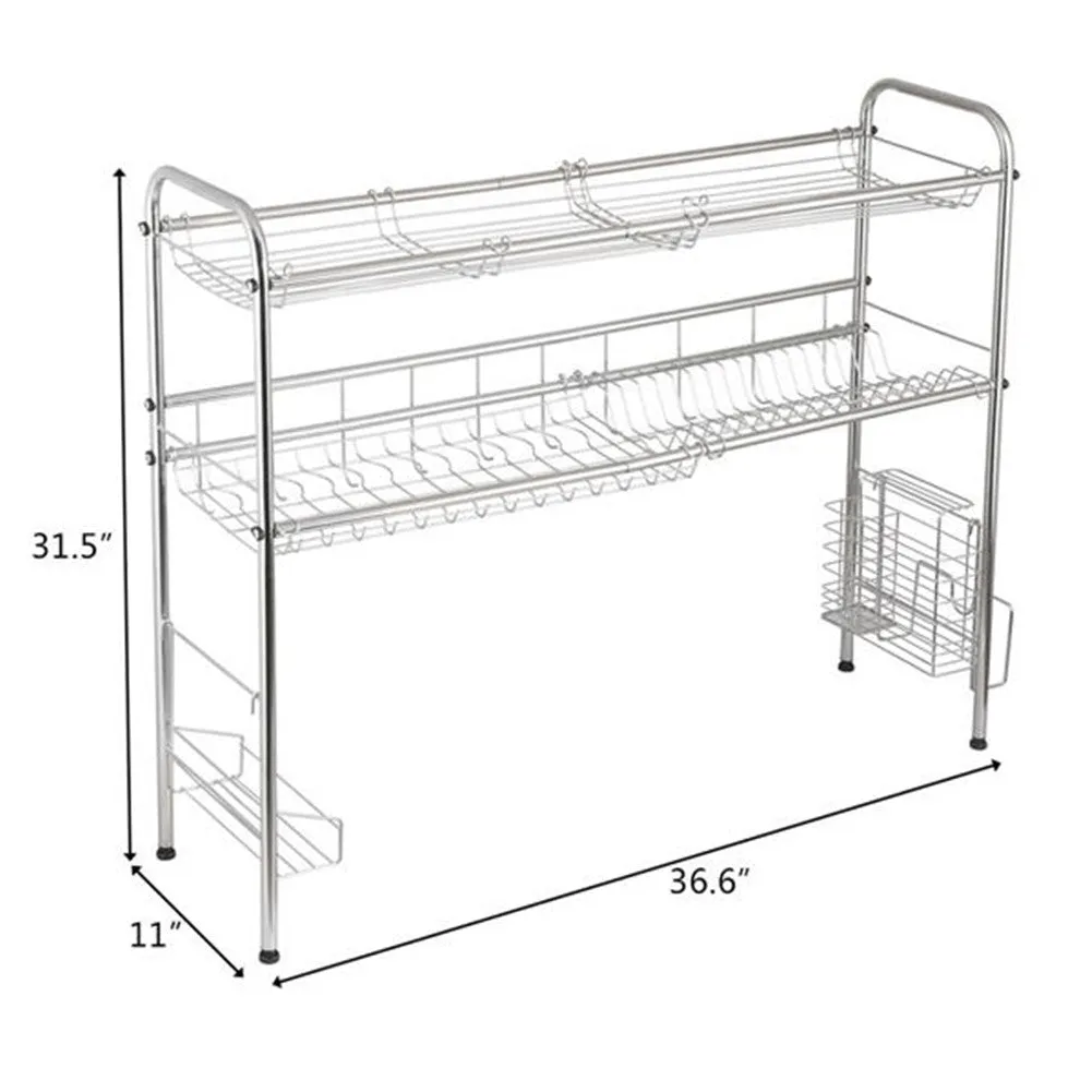 RONSHIN Double Layer Bowl Rack Shelf Dish Drainer 90cm Inner Length Kitchen Organizer Silver