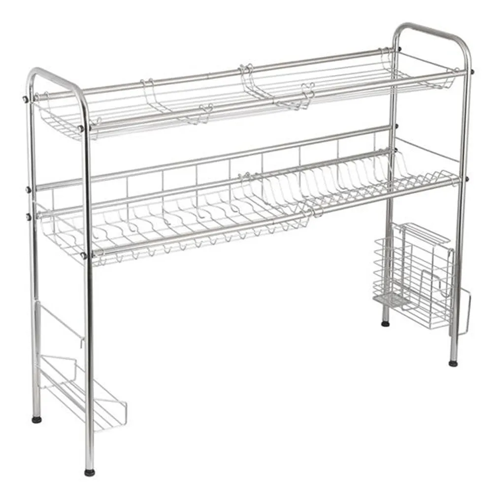 RONSHIN Double Layer Bowl Rack Shelf Dish Drainer 90cm Inner Length Kitchen Organizer Silver