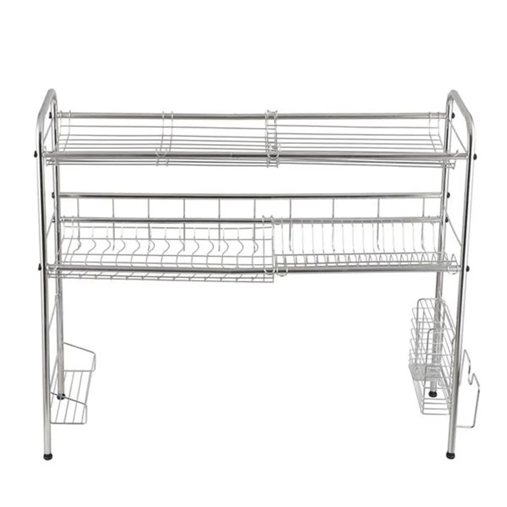 RONSHIN Double Layer Bowl Rack Shelf Dish Drainer 90cm Inner Length Kitchen Organizer Silver