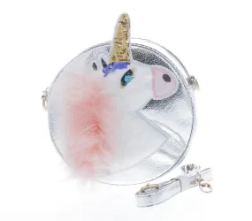 Round Shaped Unicorn Head w/ Fur Cross Body - Silver