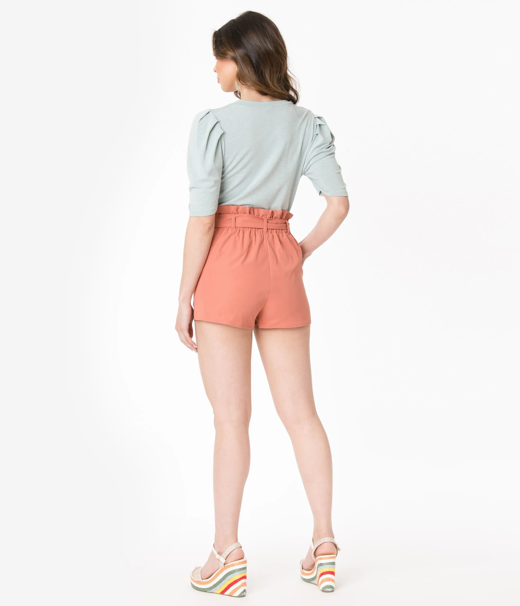 Rust Orange Belted Paper Bag Waist Shorts