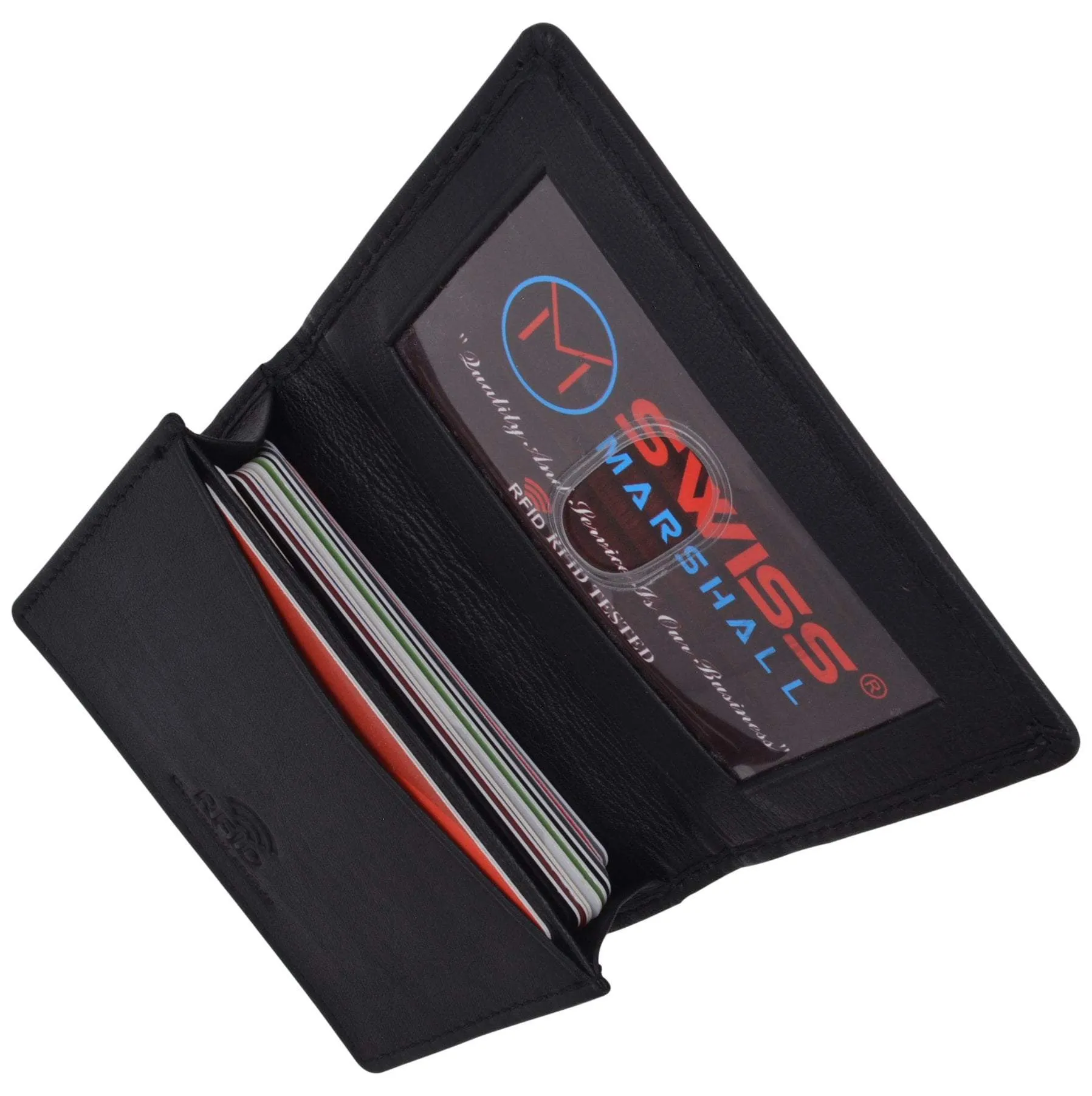 Swiss Marshall Men's RFID Blocking Premium Leather Expandable Small Credit Card ID Business Card Holder Wallet