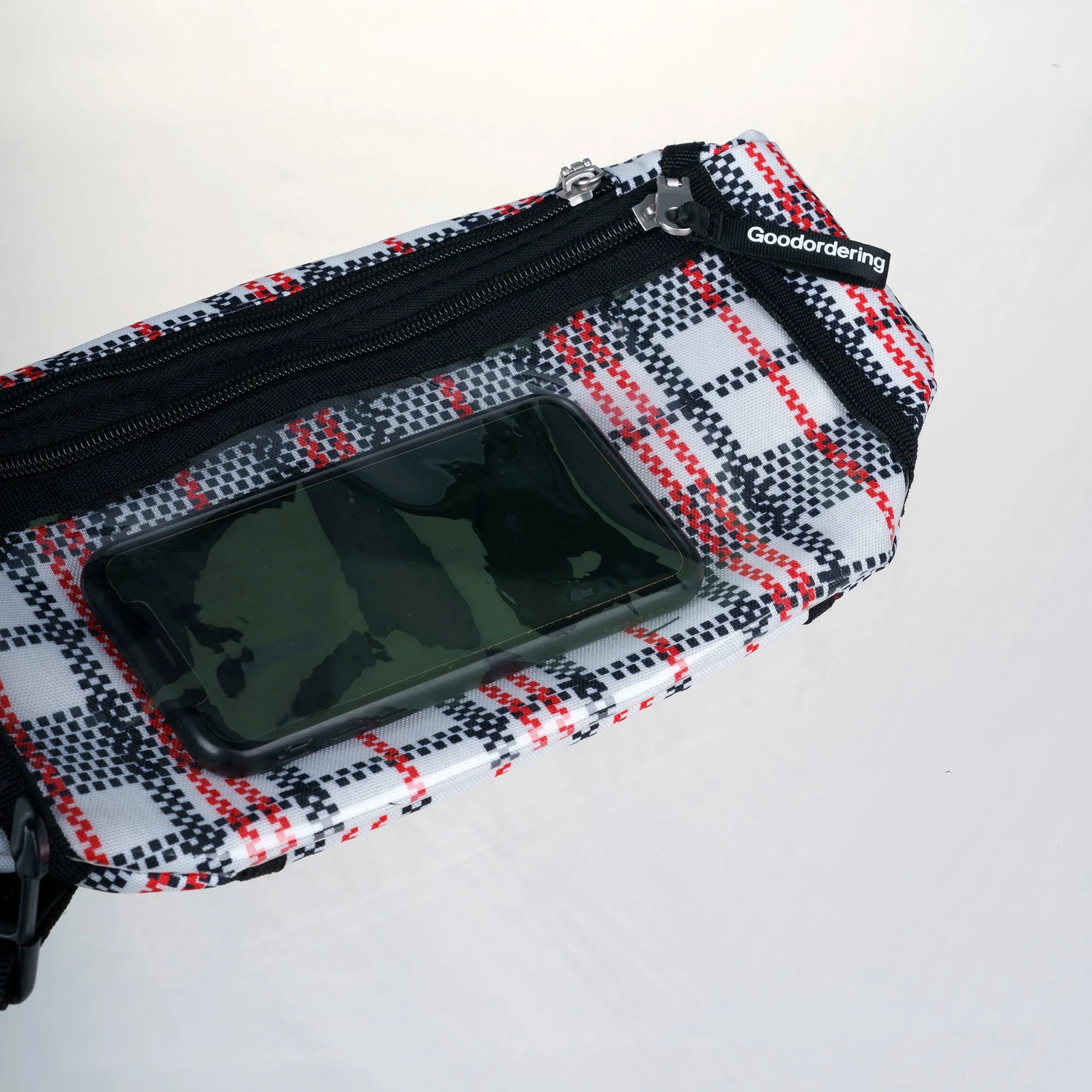 Tartan waist bag recycled nylon sling bag with clear pocket anti-theft