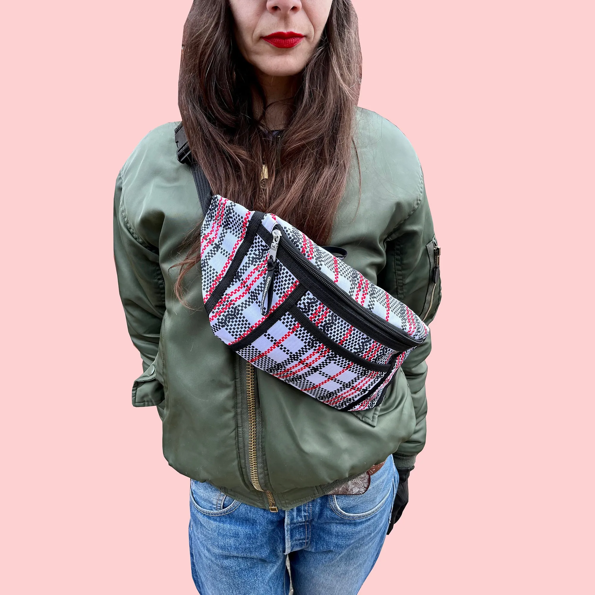 Tartan waist bag recycled nylon sling bag with clear pocket anti-theft