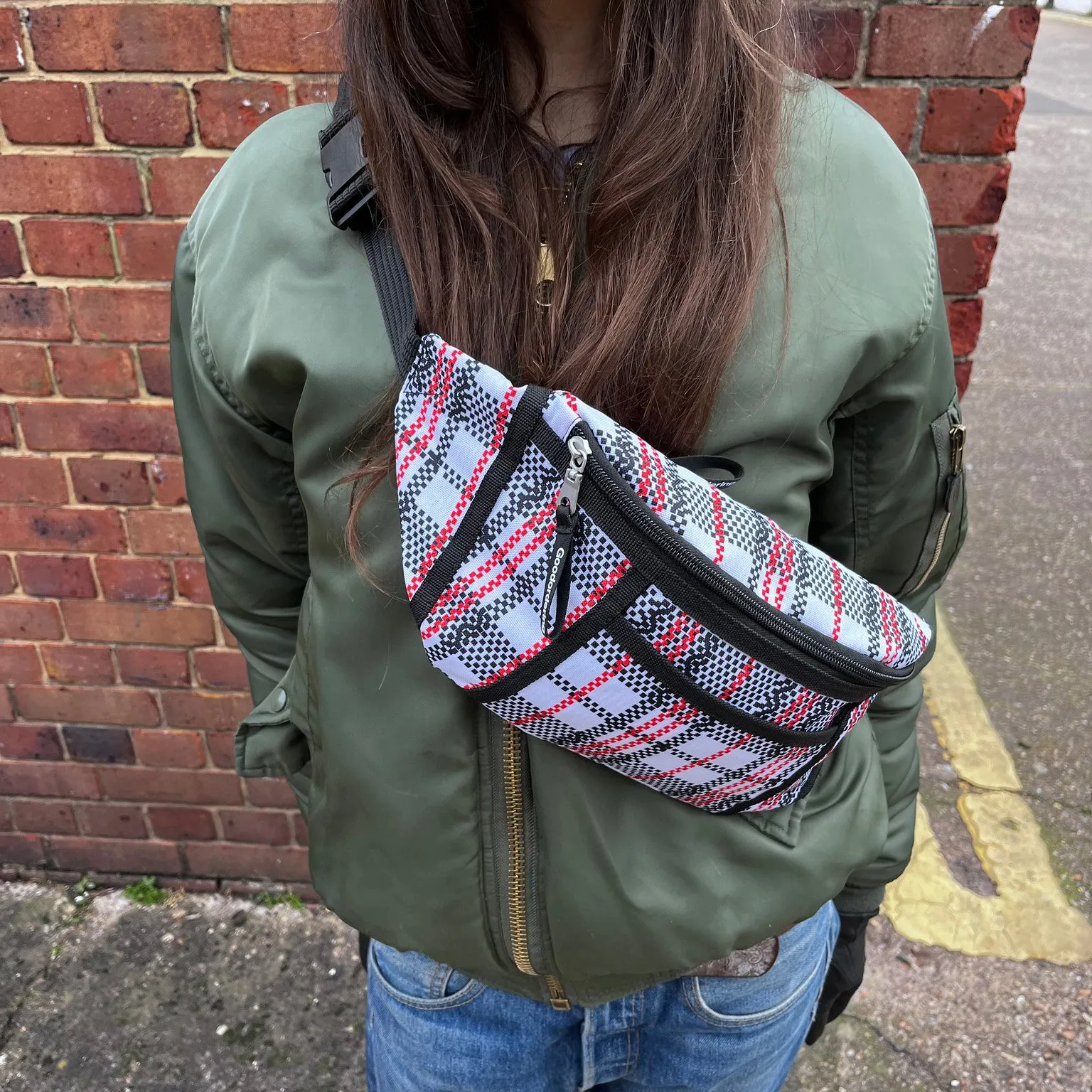 Tartan waist bag recycled nylon sling bag with clear pocket anti-theft