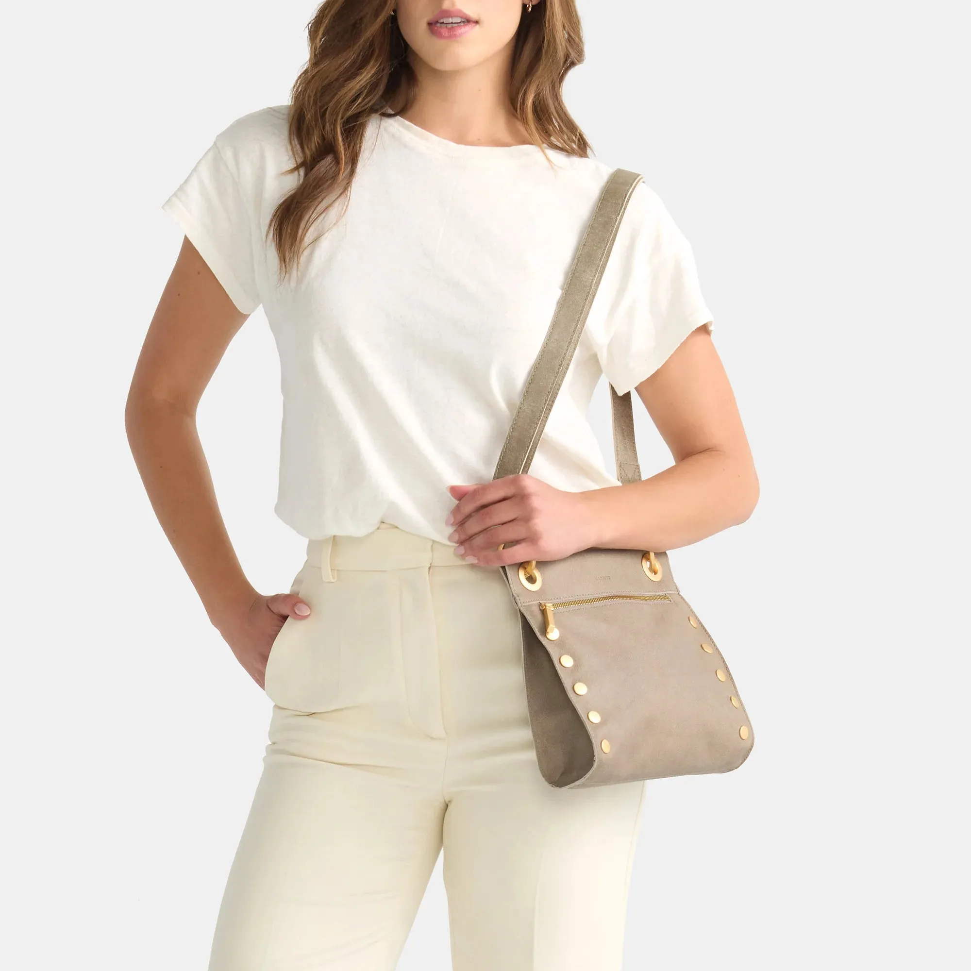 Tony Medium Leather Crossbody Bag - Pewter and Brushed Gold