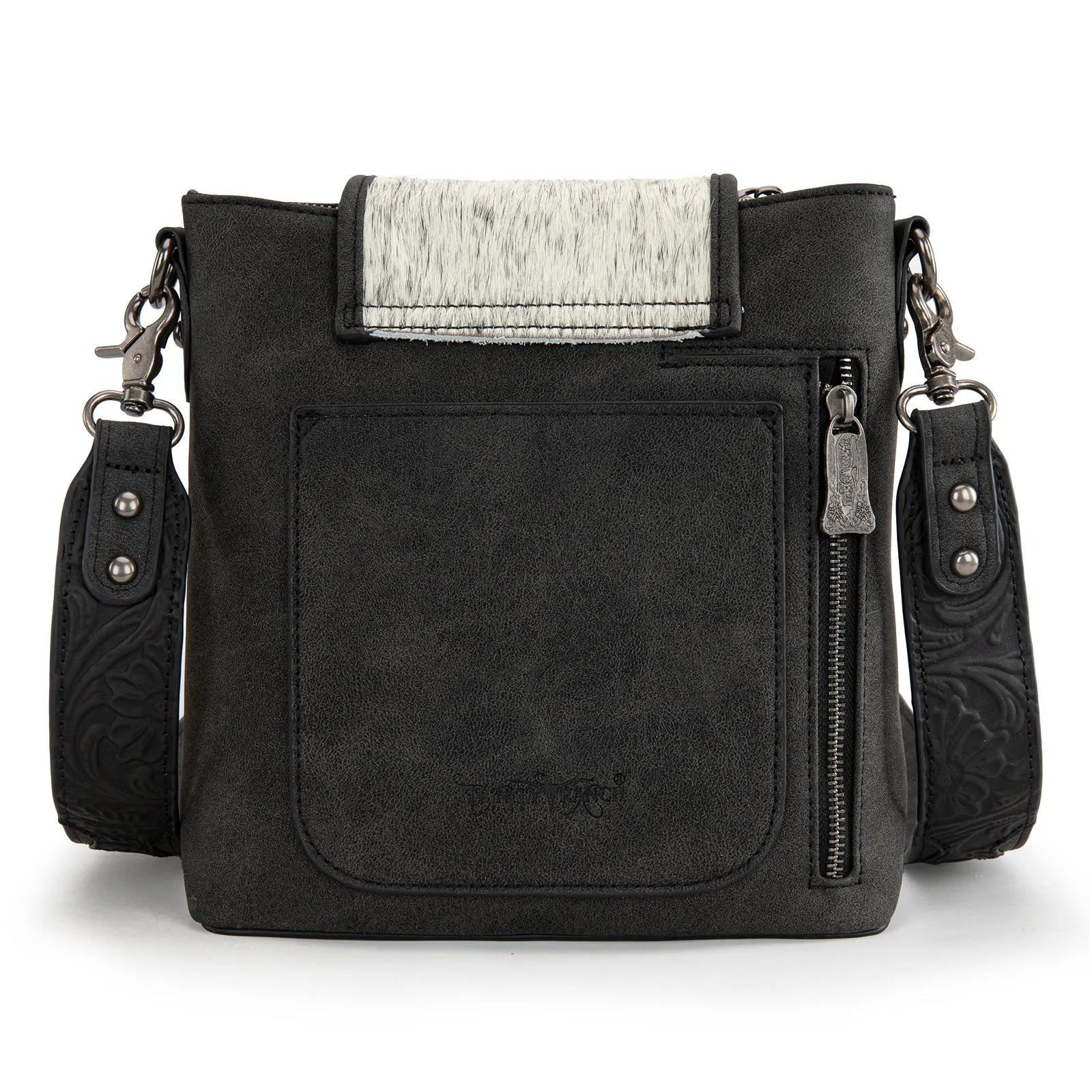 TR185G-9360  Trinity Ranch Genuine Hair-On Cowhide Tooled Concealed Carry Crossbody Bag- Black