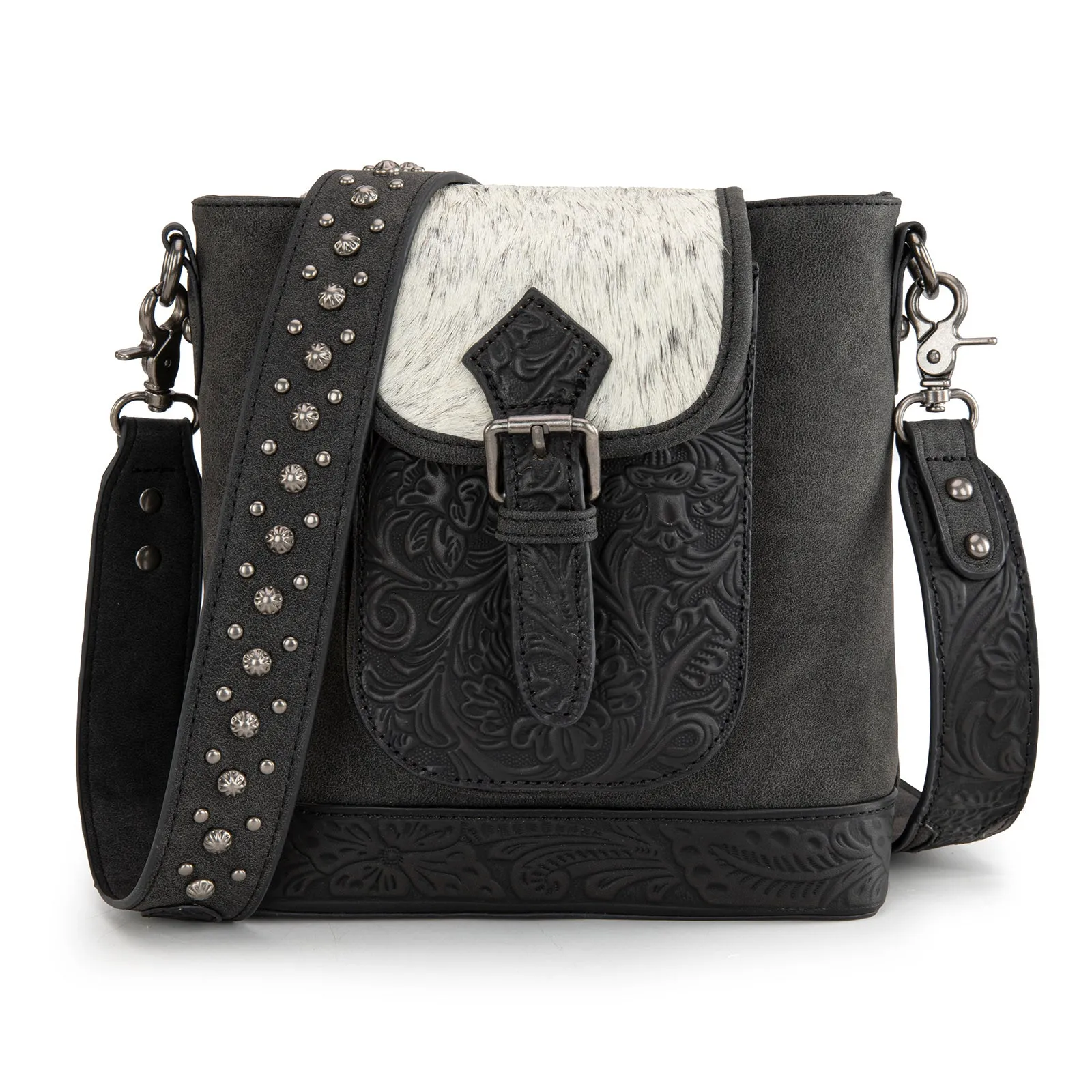 TR185G-9360  Trinity Ranch Genuine Hair-On Cowhide Tooled Concealed Carry Crossbody Bag- Black