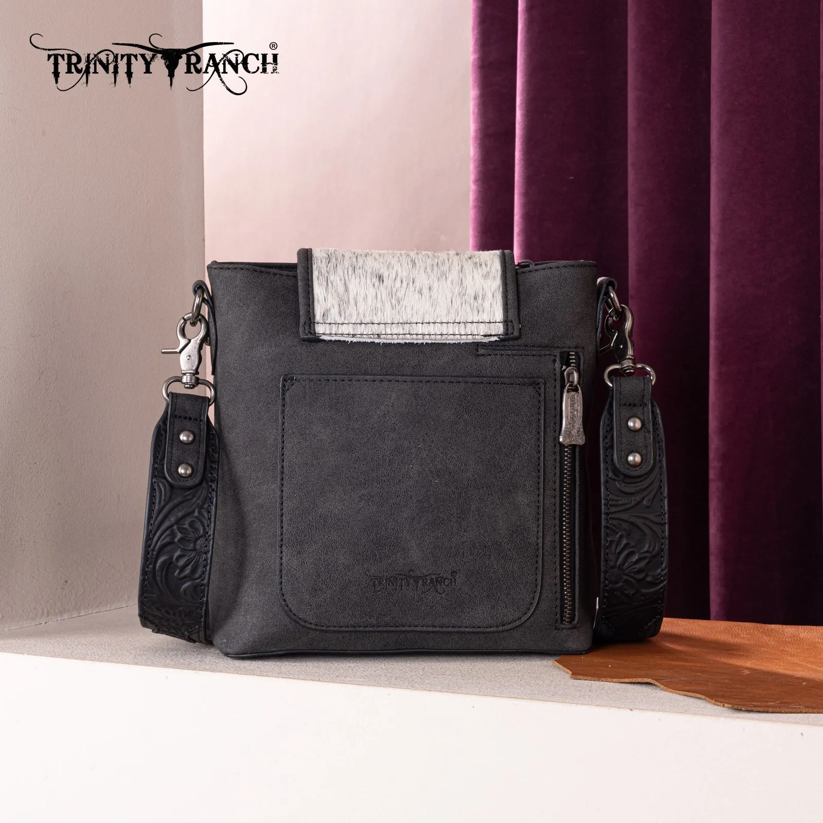 TR185G-9360  Trinity Ranch Genuine Hair-On Cowhide Tooled Concealed Carry Crossbody Bag- Black