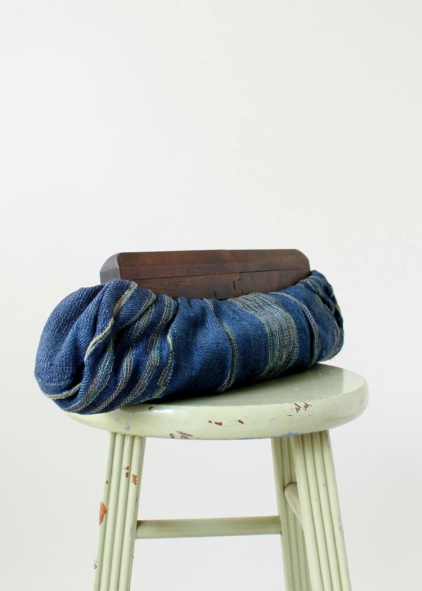 Vintage 1940s Blue Fabric Clutch with Wood Frame