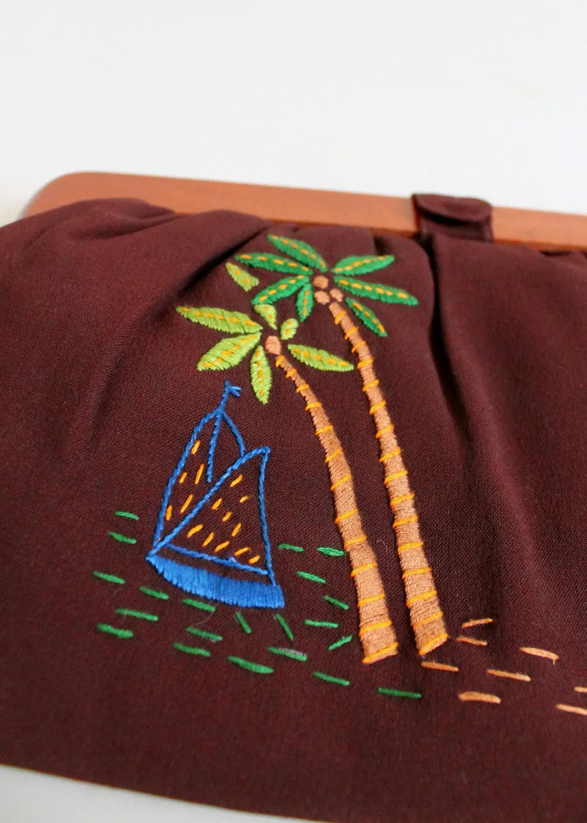 Vintage 1940s Tropical Embroidered Rayon Clutch Purse