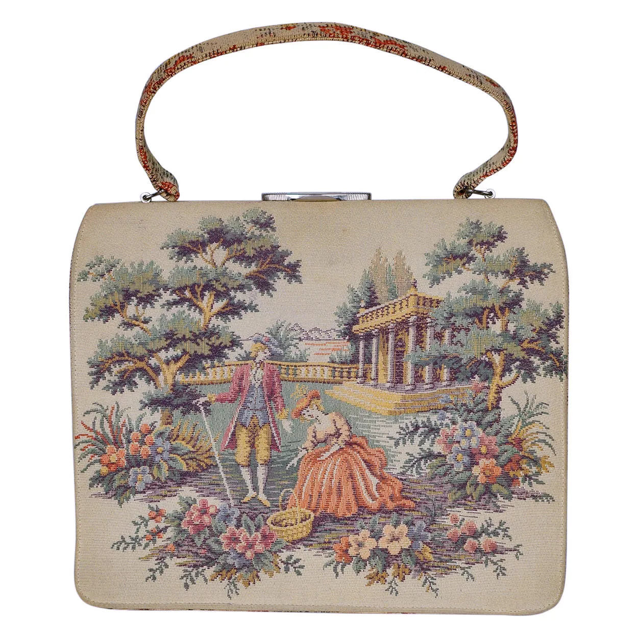 Vintage 1950s Tapestry Handbag Purse Colonial Courting Couple Scene