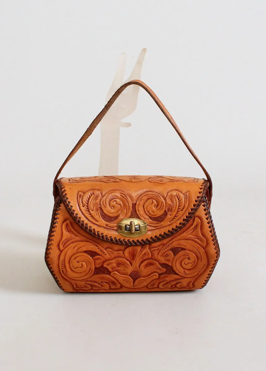 Vintage 1950s Tooled Leather Box Purse