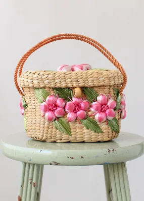 Vintage 1960s Floral Raffia Box Purse