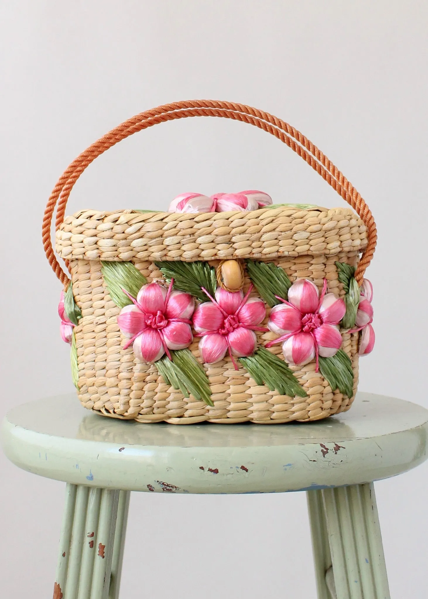 Vintage 1960s Floral Raffia Box Purse