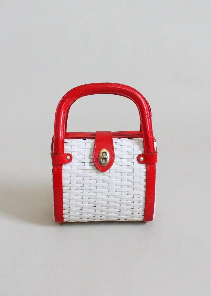 Vintage 1960s Red and White Wicker Purse