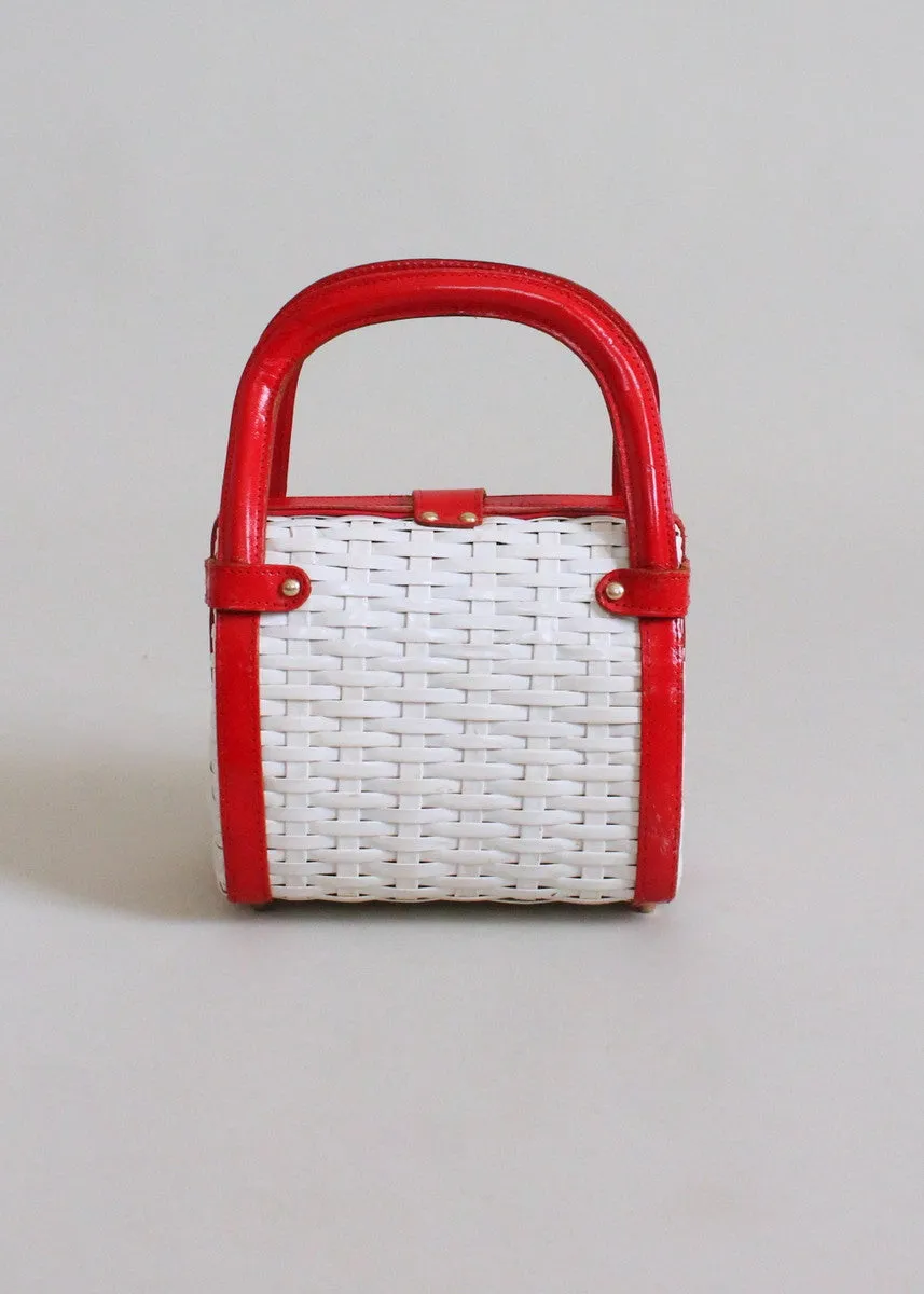 Vintage 1960s Red and White Wicker Purse