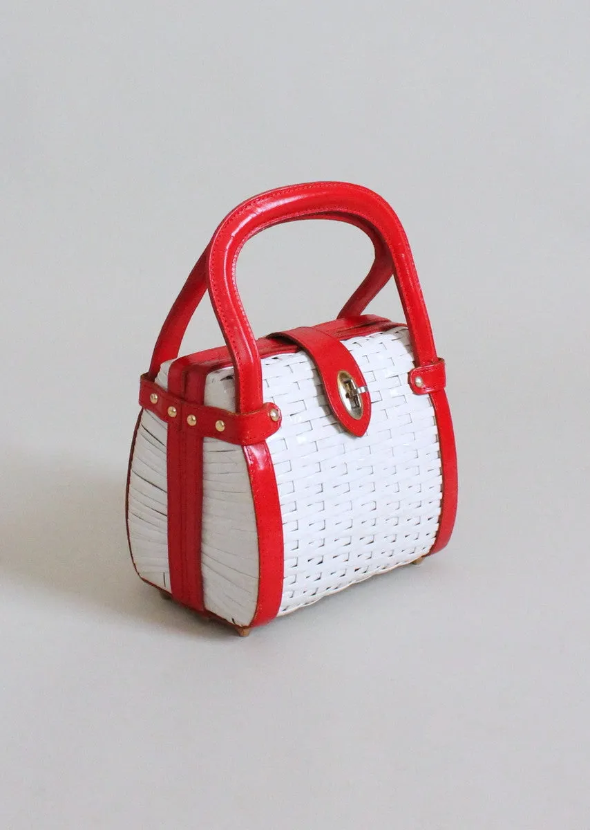 Vintage 1960s Red and White Wicker Purse