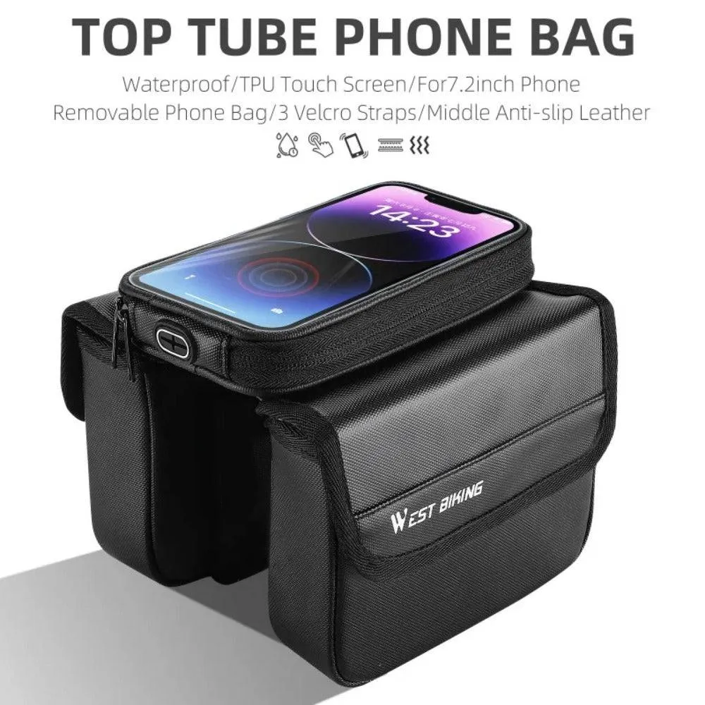 Waterproof Bicycle Front Frame Bag Double Pouch & 7.2 Inch Phone Touch Screen Bag Cycling Travel MTB Top Tube Bag