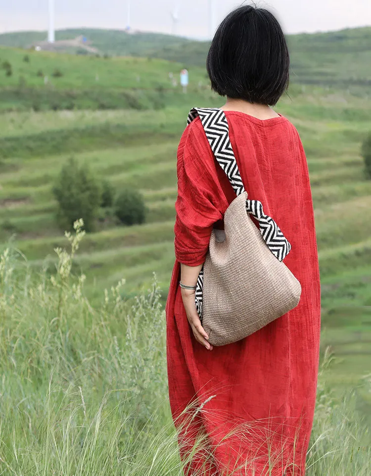 Wide Shoulder Strap Cotton Linen Shoulder Bag