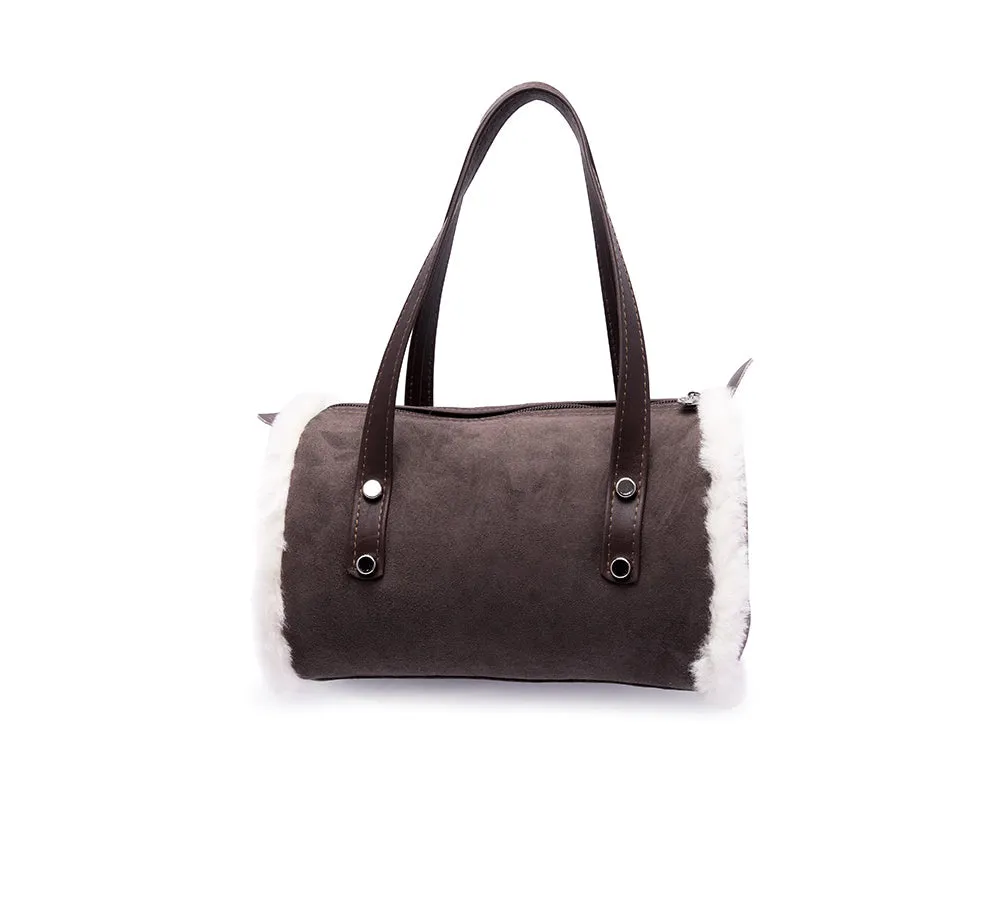 Women Sheepskin Wool Medium Hand Carry Shoulder Strap Zip Barrel Bag